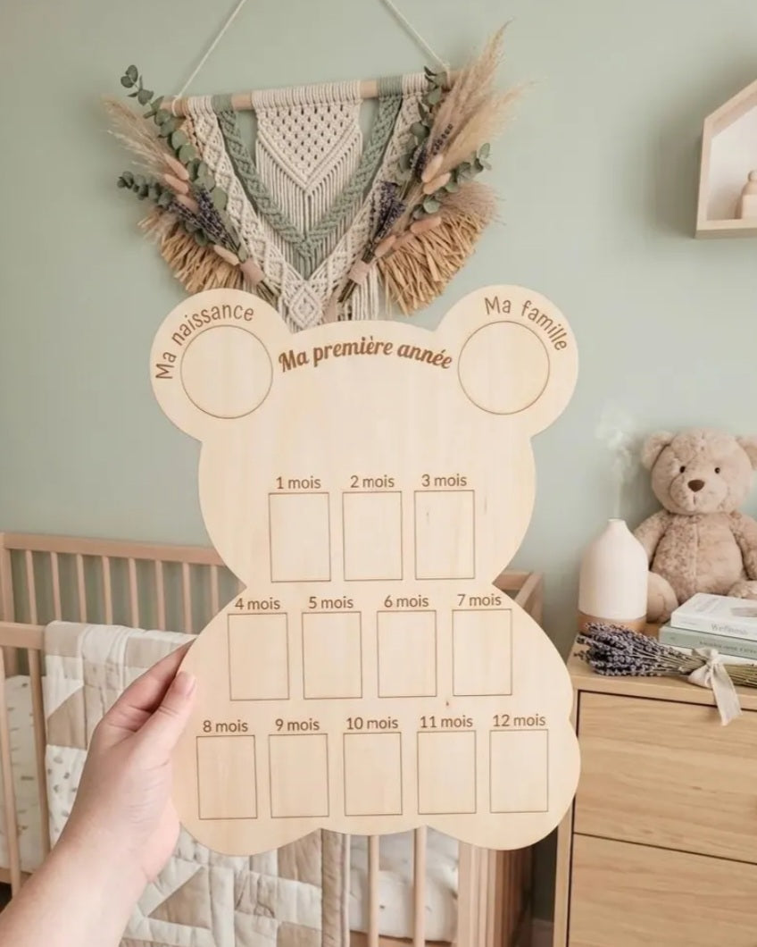 Panneau Photo "Ma Première Année" en Bois ourson