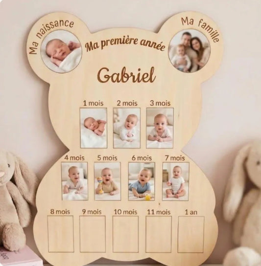 Panneau Photo "Ma Première Année" en Bois ourson